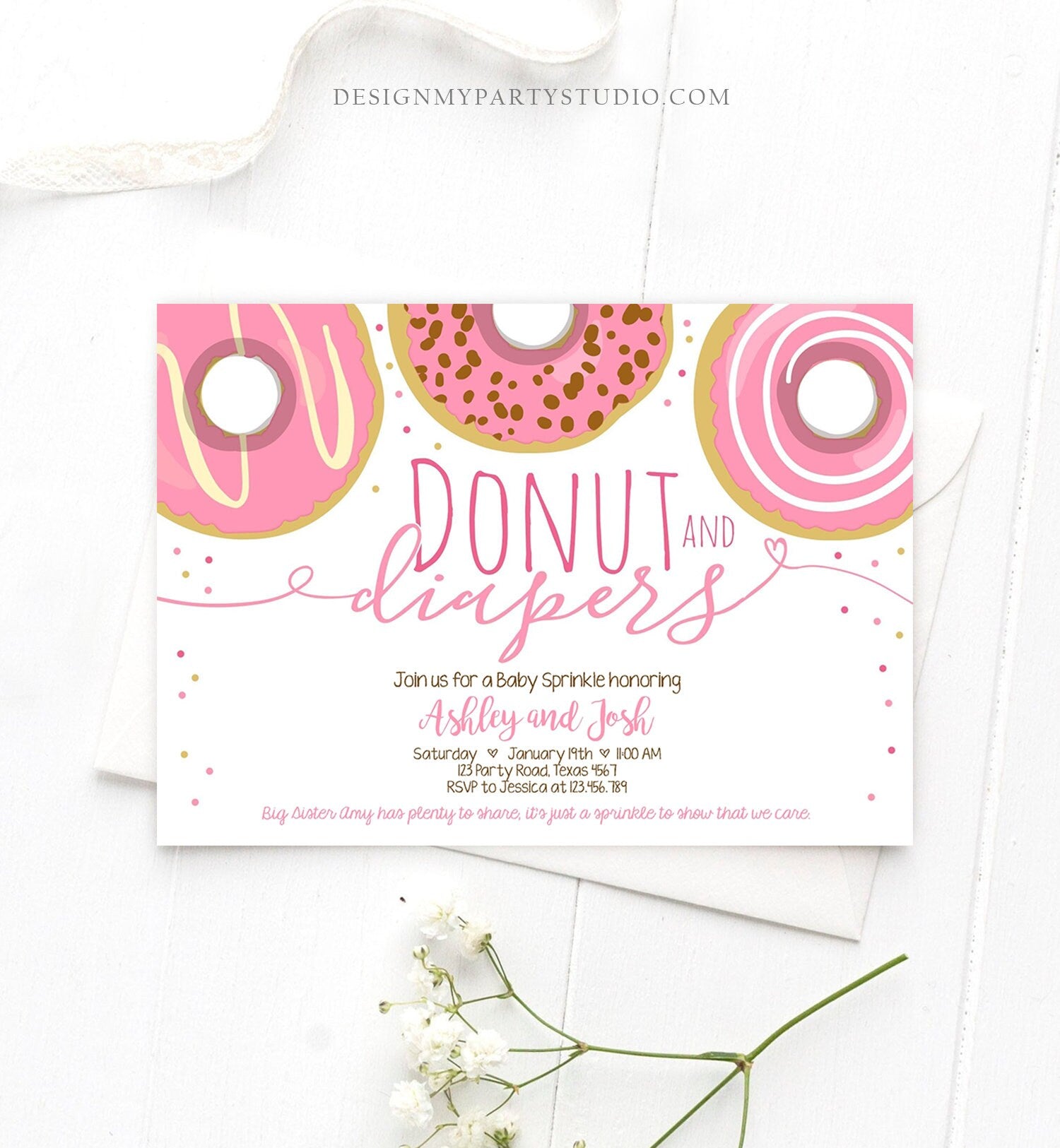 Editable Donut and Diapers Baby Shower Invitation Sprinkle Sprinkled With Love Girl Pink Pastel Digital Download Template Printable 0050