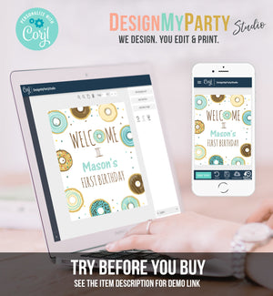 Editable Donut Welcome Sign Birthday Blue Boy Doughnut Baby Shower Table Sign Sprinkle Confetti Download Corjl Template Printable 0050