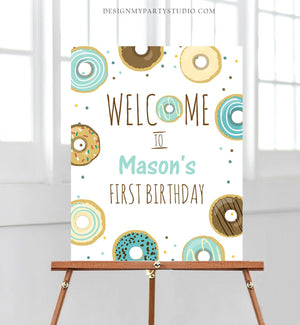 Editable Donut Welcome Sign Birthday Blue Boy Doughnut Baby Shower Table Sign Sprinkle Confetti Download Corjl Template Printable 0050