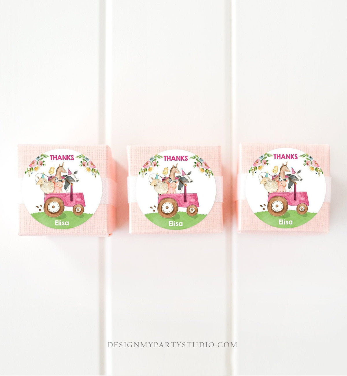Editable Farm Animals Thank you Tags Girls Barnyard Birthday Stickers Farm Birthday Decor Pink Favor Tags Cow Pig Template Corjl 0155