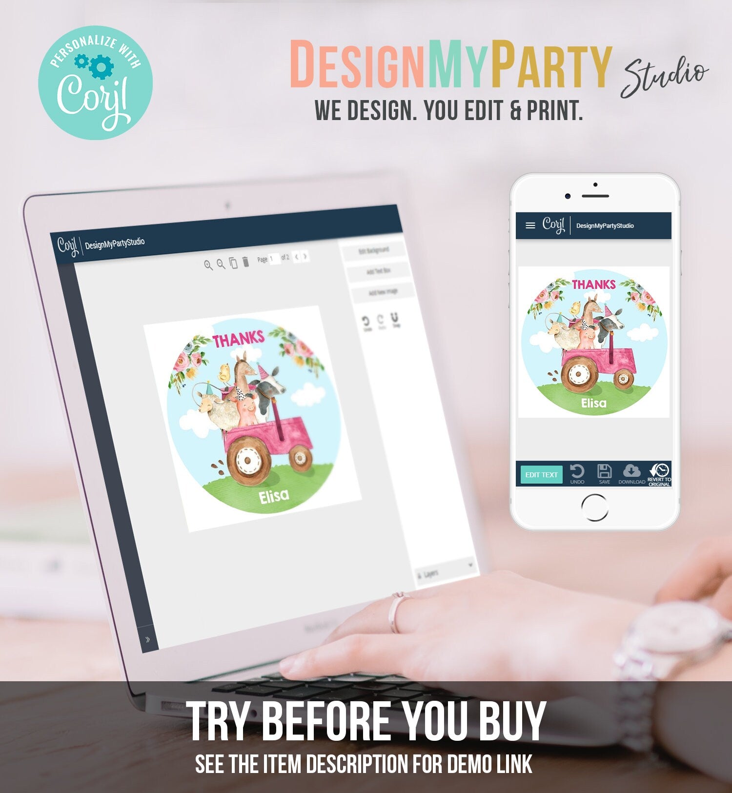 Editable Farm Animals Thank you Tags Girls Barnyard Birthday Stickers Farm Birthday Decor Pink Favor Tags Cow Pig Template Corjl 0155