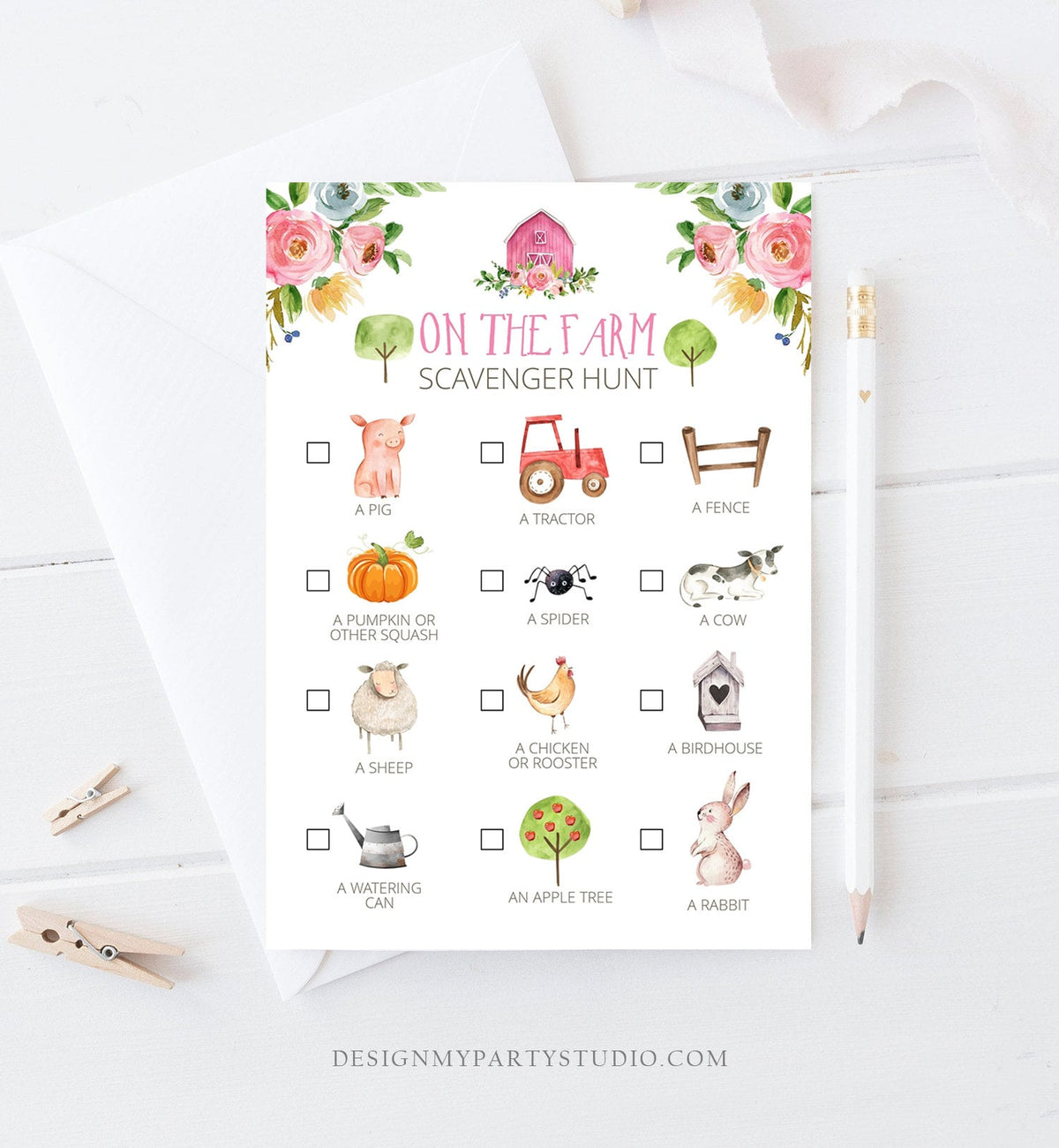 Editable Farm Scavenger Hunt Checklist Game Party Girl Pink Farm Birthday Barnyard Party Nature Download Corjl Template Printable 0155