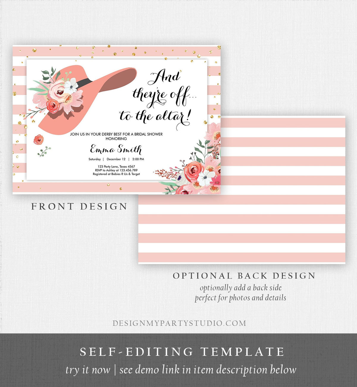 Editable Bridal Shower Invitation Derby Wear a Hat Horse races Floral Flowers Rose Gold Blush Pink Download Printable Template Corjl 0249