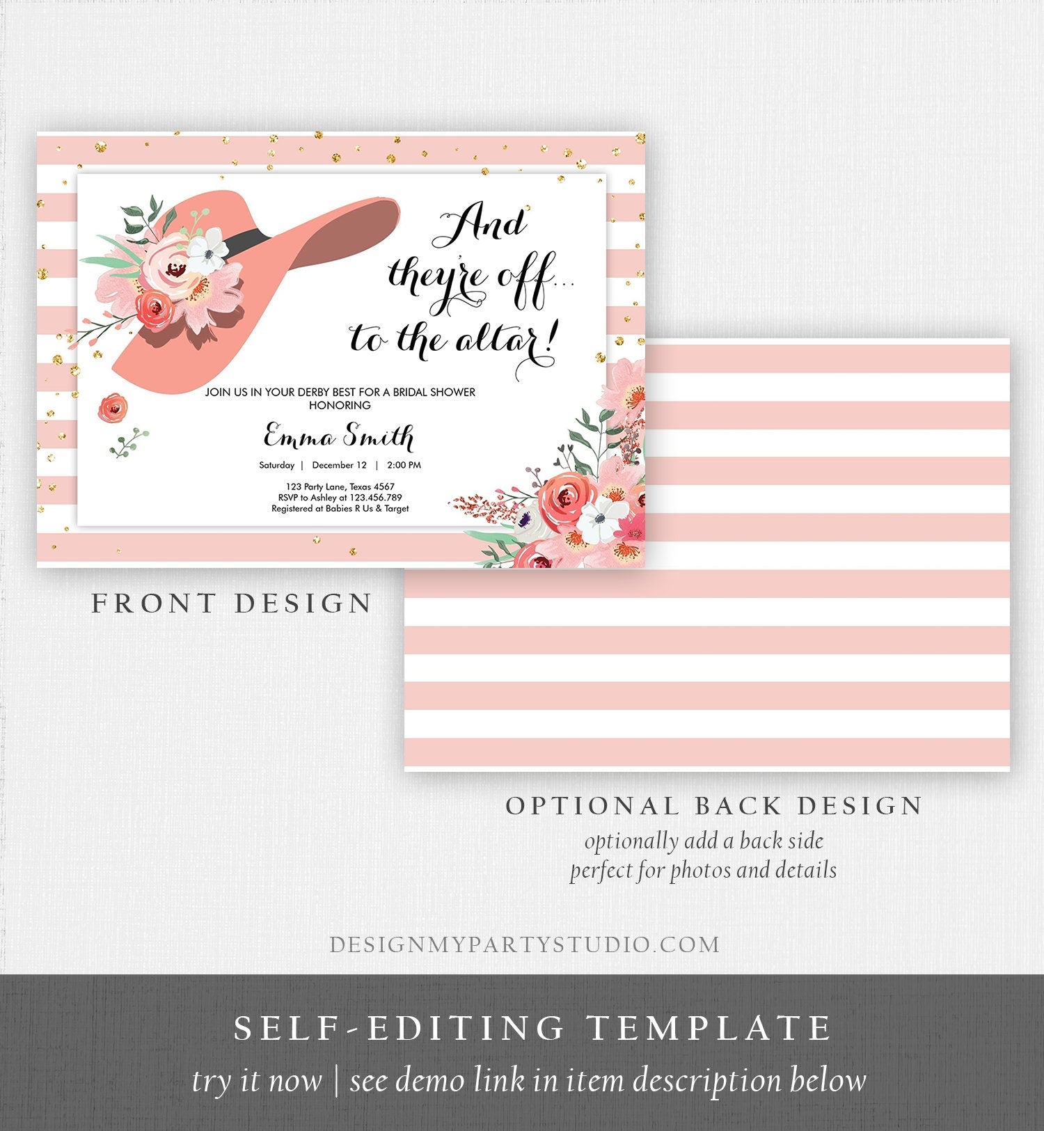 Editable Bridal Shower Invitation Derby Wear a Hat Horse races Floral Flowers Rose Gold Blush Pink Download Printable Template Corjl 0249