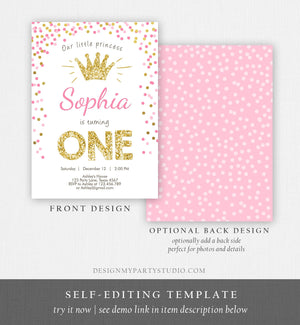 Editable Little Princess Birthday Invitation Girl Pink Gold First Birthday 1st ANY AGE Confetti Crown Download Corjl Template Printable 0047