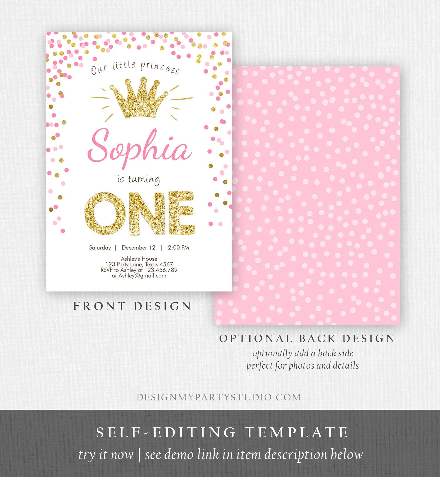 Editable Little Princess Birthday Invitation Girl Pink Gold First Birthday 1st Confetti Crown Digital Download Template Printable 0047