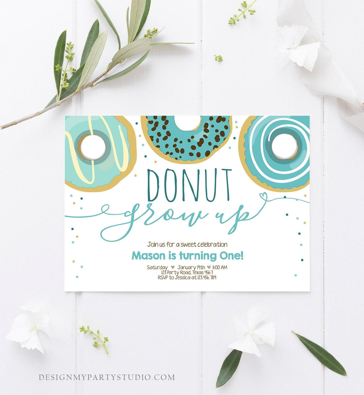Editable Donut Grow Up Birthday Invitation First Birthday Party Blue Boy Doughnut 1st Pastel Photo Download Printable Template Corjl 0050