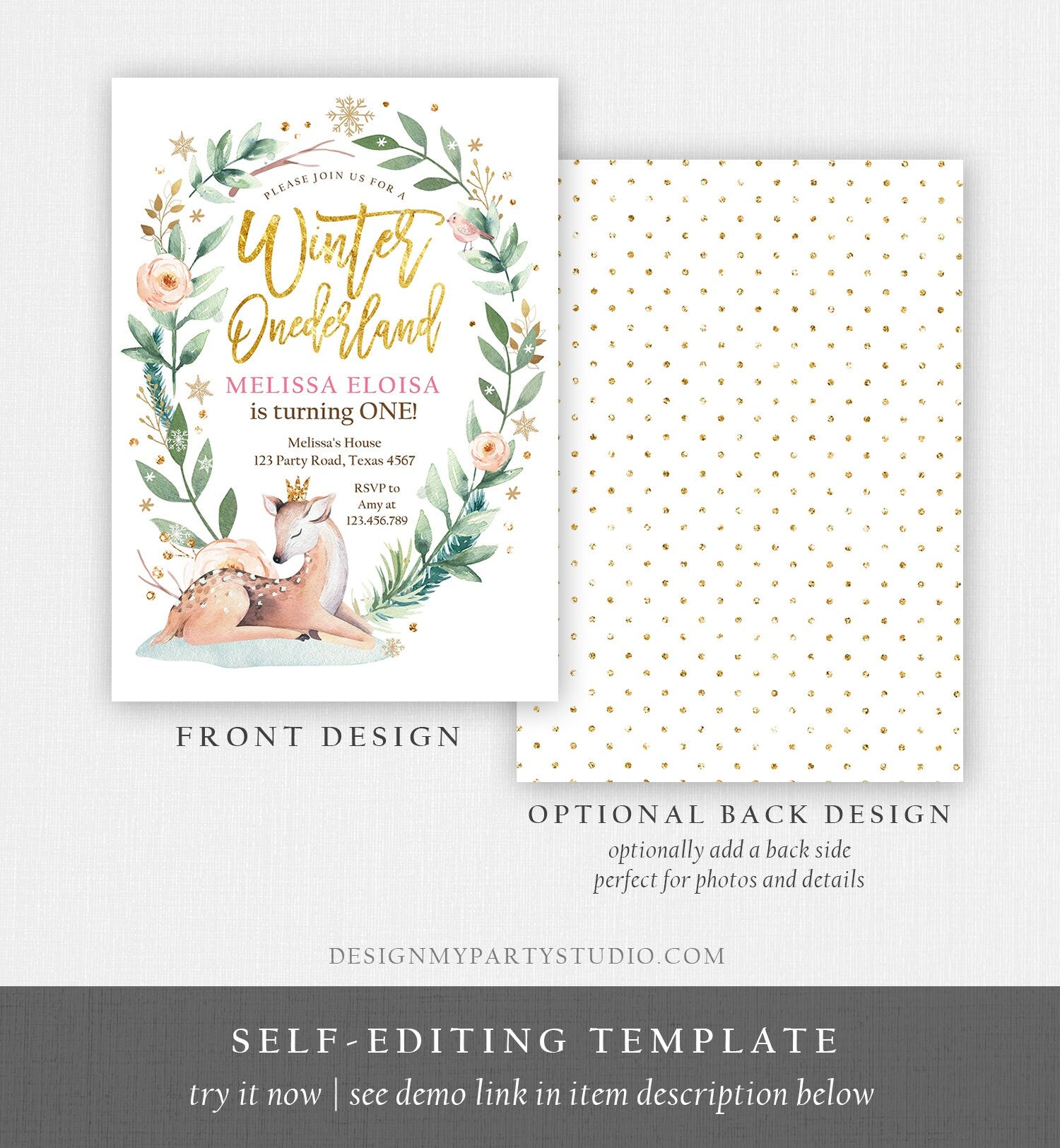 Editable Winter ONEderland Birthday Invitation Deer First Birthday Snowflakes Girl Pink Gold Digital Download Evite Template Printable 0265