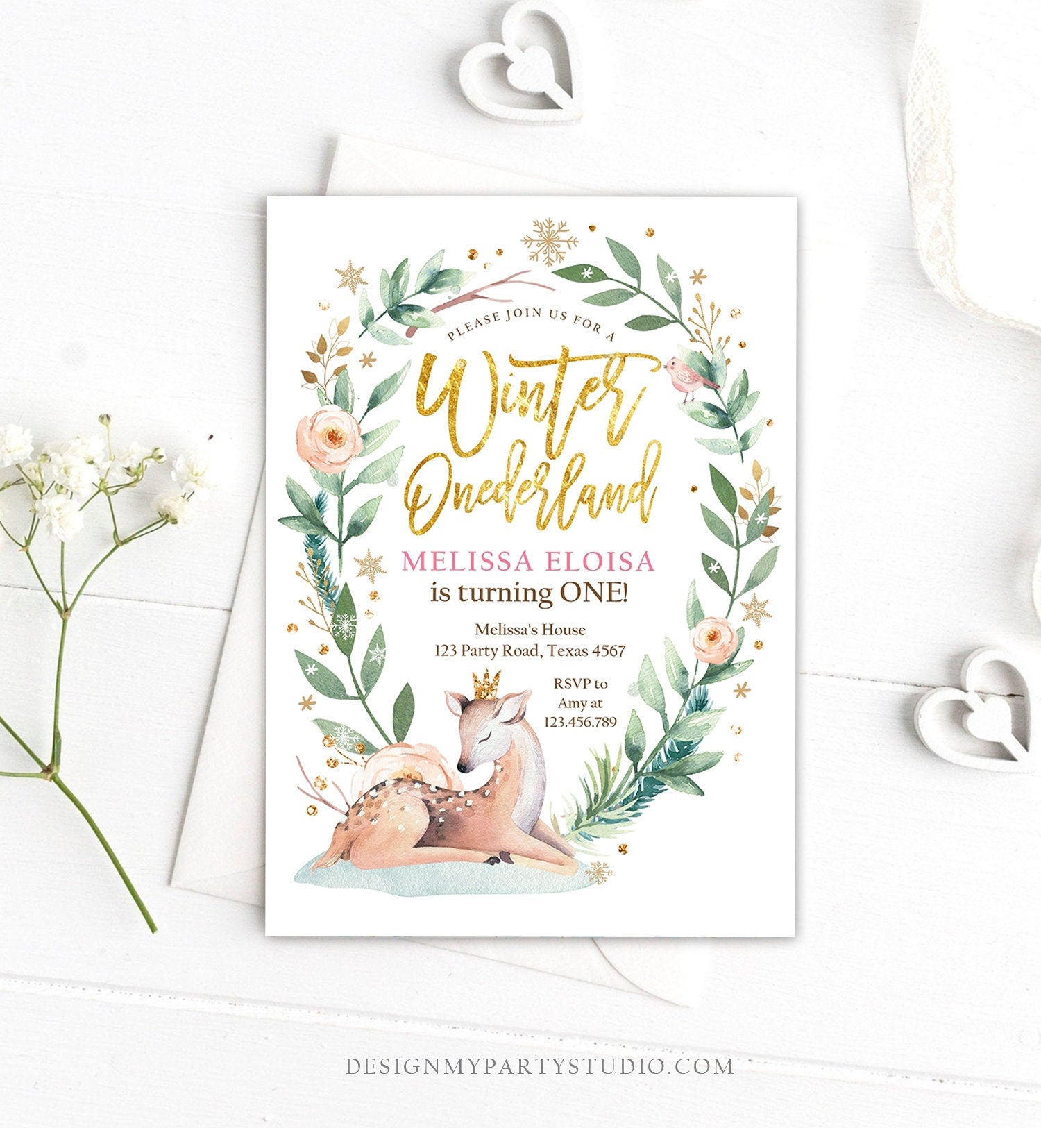 Editable Winter ONEderland Birthday Invitation Deer First Birthday Snowflakes Girl Pink Gold Digital Download Evite Template Printable 0265