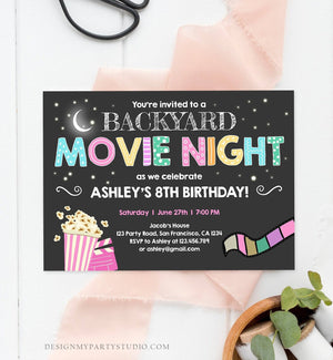 Editable Movie Night Birthday Invitation Girls Movie Slumber Party Backyard Movie Party Popcorn Download Printable Template Corjl 0042
