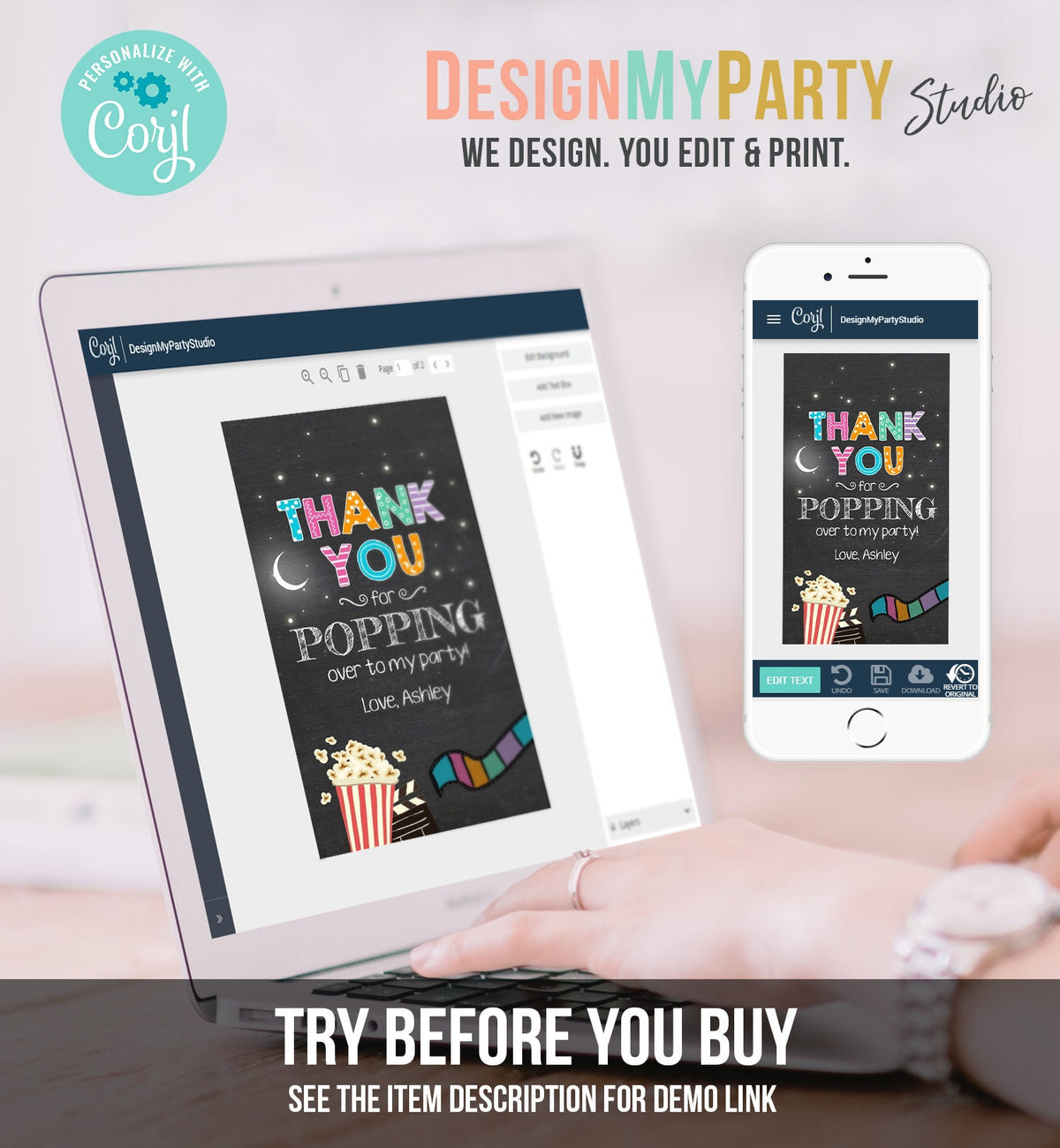 Editable Movie Night favor Tags Thank you Gift Tags Cinema Movie Under The Stars Popcorn Backyard Movie Party Template Corjl PRINTABLE 0042