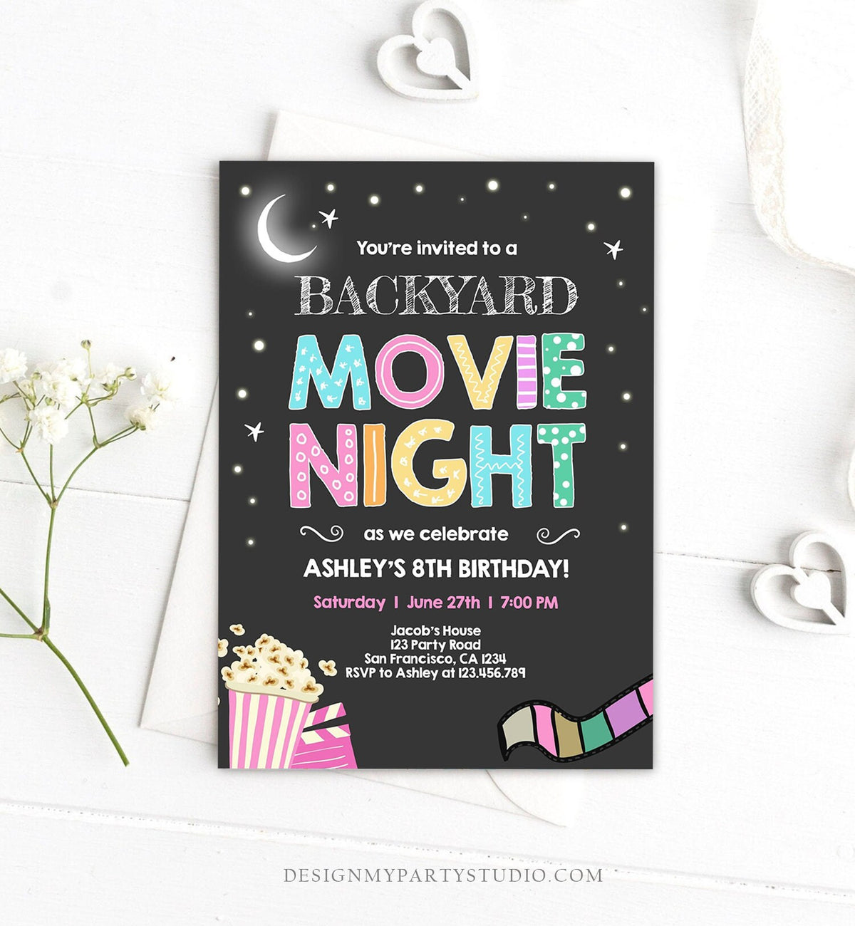 Editable Movie Night Birthday Invitation Girl Movie Slumber Party Backyard Movie Party Popcorn Download Template Corjl Printable 0042
