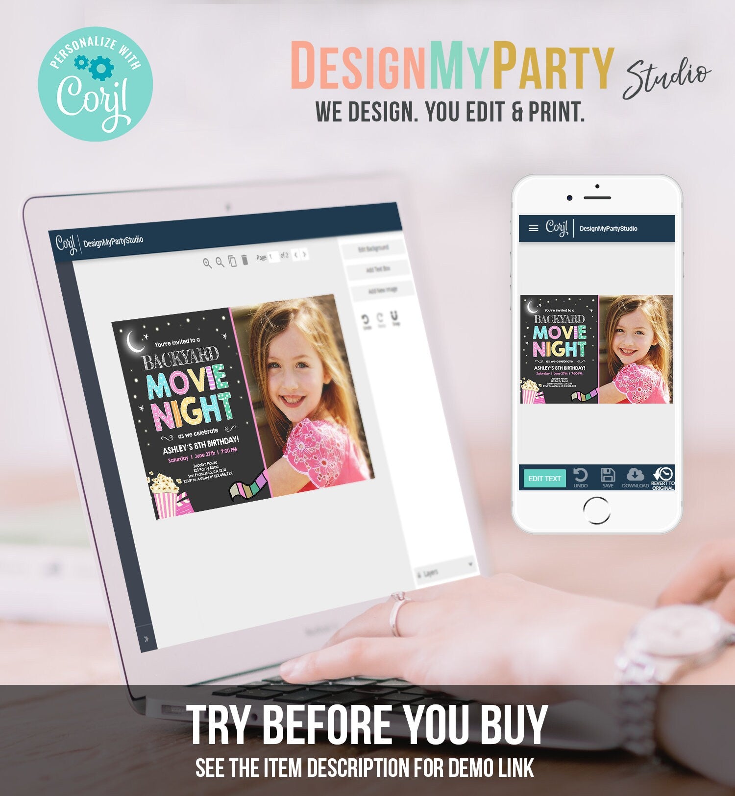 Editable Movie Night Birthday Invitation Girls Movie Slumber Party Backyard Movie Party Popcorn Download Printable Template Corjl 0042