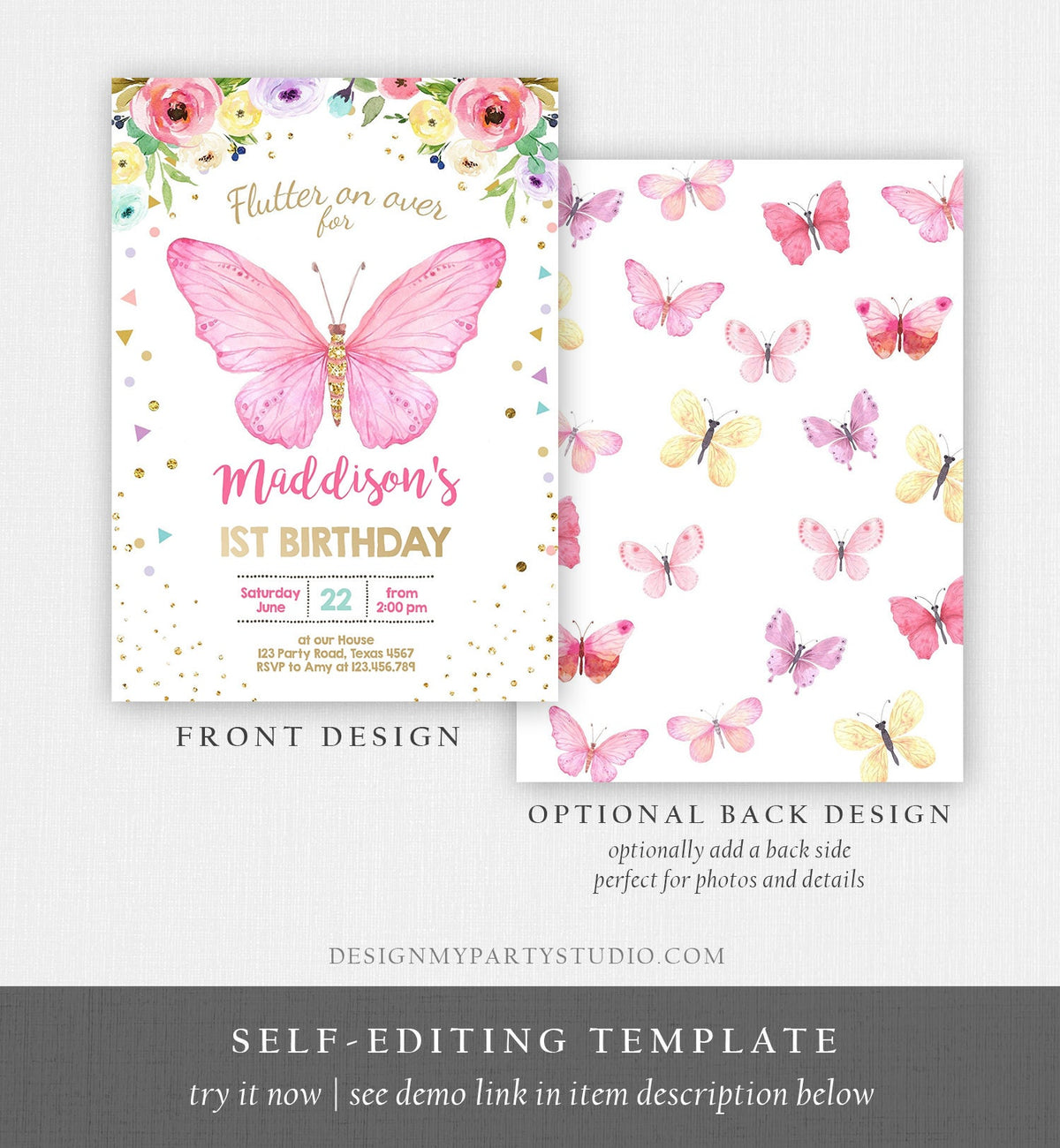 Editable Butterfly Birthday Invitation Butterfly Invitation Garden Floral Flowers Pink Gold Girl Download Printable Template Corjl 0162