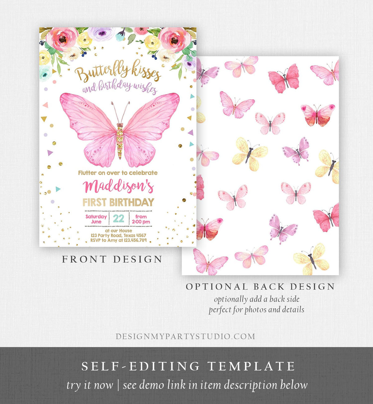 Editable Butterfly Birthday Invitation Butterfly Invitation Garden Floral Flowers Pink Gold Girl Digital Download Template Printable 0162