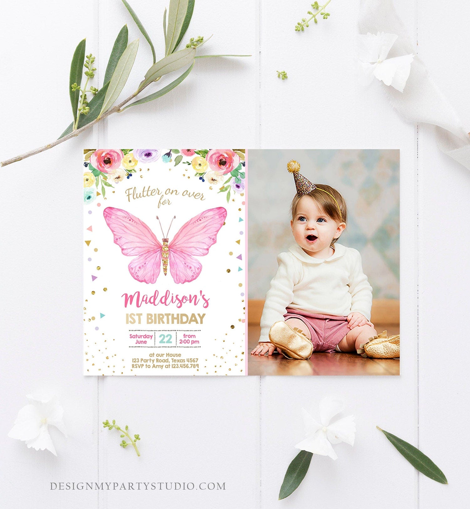 Editable Butterfly Birthday Invitation Butterfly Invitation Garden Floral Flowers Pink Gold Girl Download Printable Template Evite 0162
