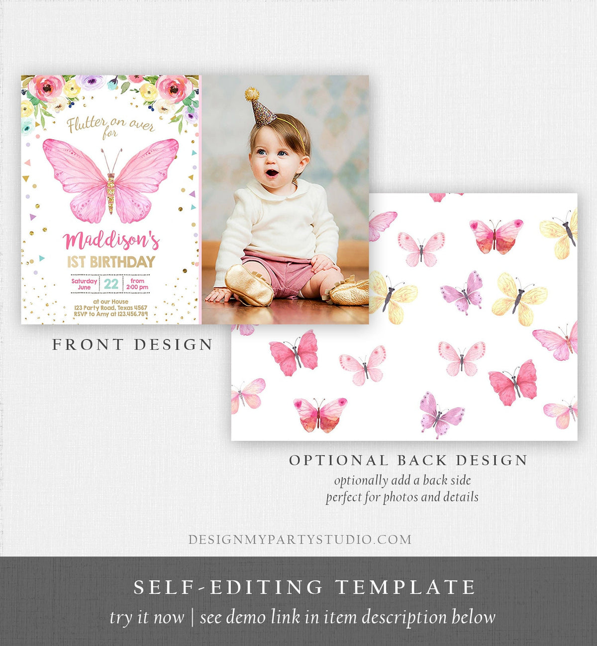 Editable Butterfly Birthday Invitation Butterfly Invitation Garden Floral Flowers Pink Gold Girl Download Printable Template Evite 0162