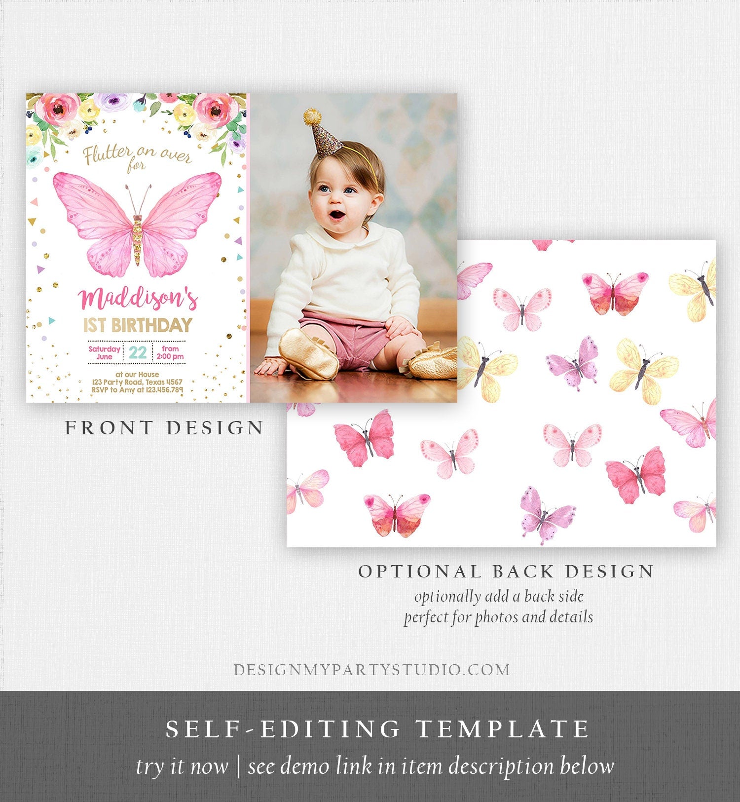 Editable Butterfly Birthday Invitation Butterfly Invitation Garden Floral Flowers Pink Gold Girl Download Printable Template Evite 0162