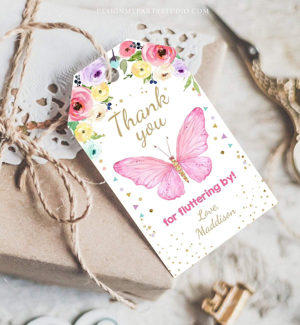 Editable Butterfly Favor Tags Butterfly Birthday Thank you tags Garden Shower Pink Gold Girl Fluttering By Digital Template Printable 0162