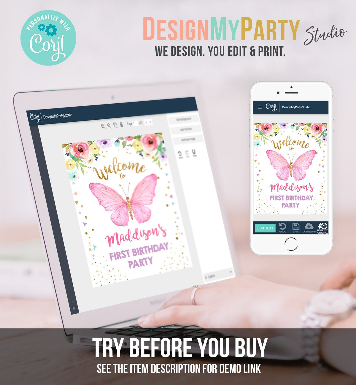 Editable Butterfly Welcome Sign Butterfly Birthday Party Butterfly Welcome Garden Girl Pink Gold Floral Digital Template Printable 0162
