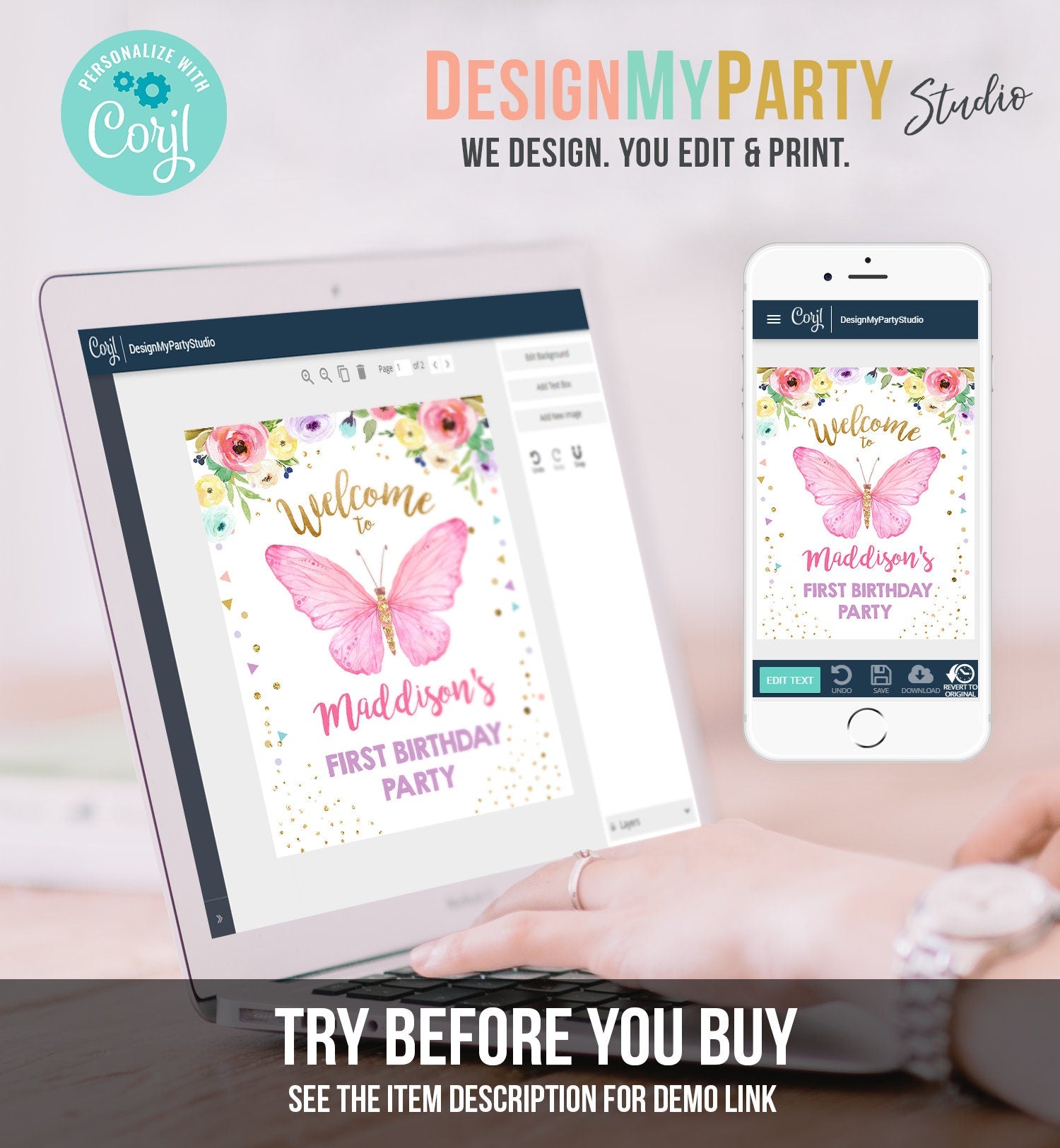 Editable Butterfly Welcome Sign Butterfly Birthday Party Butterfly Welcome Garden Girl Pink Gold Floral Digital Template Printable 0162