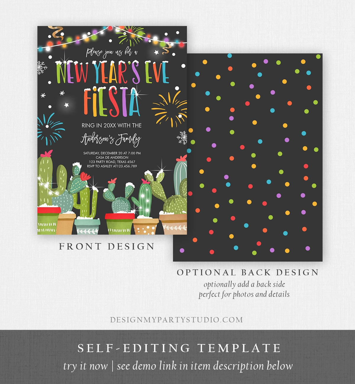 Editable New Years Eve Fiesta Invitation Cactus Mexican New Years Eve Invite Holiday Party New Year&#39;s Digital Evite Template Printable 0273
