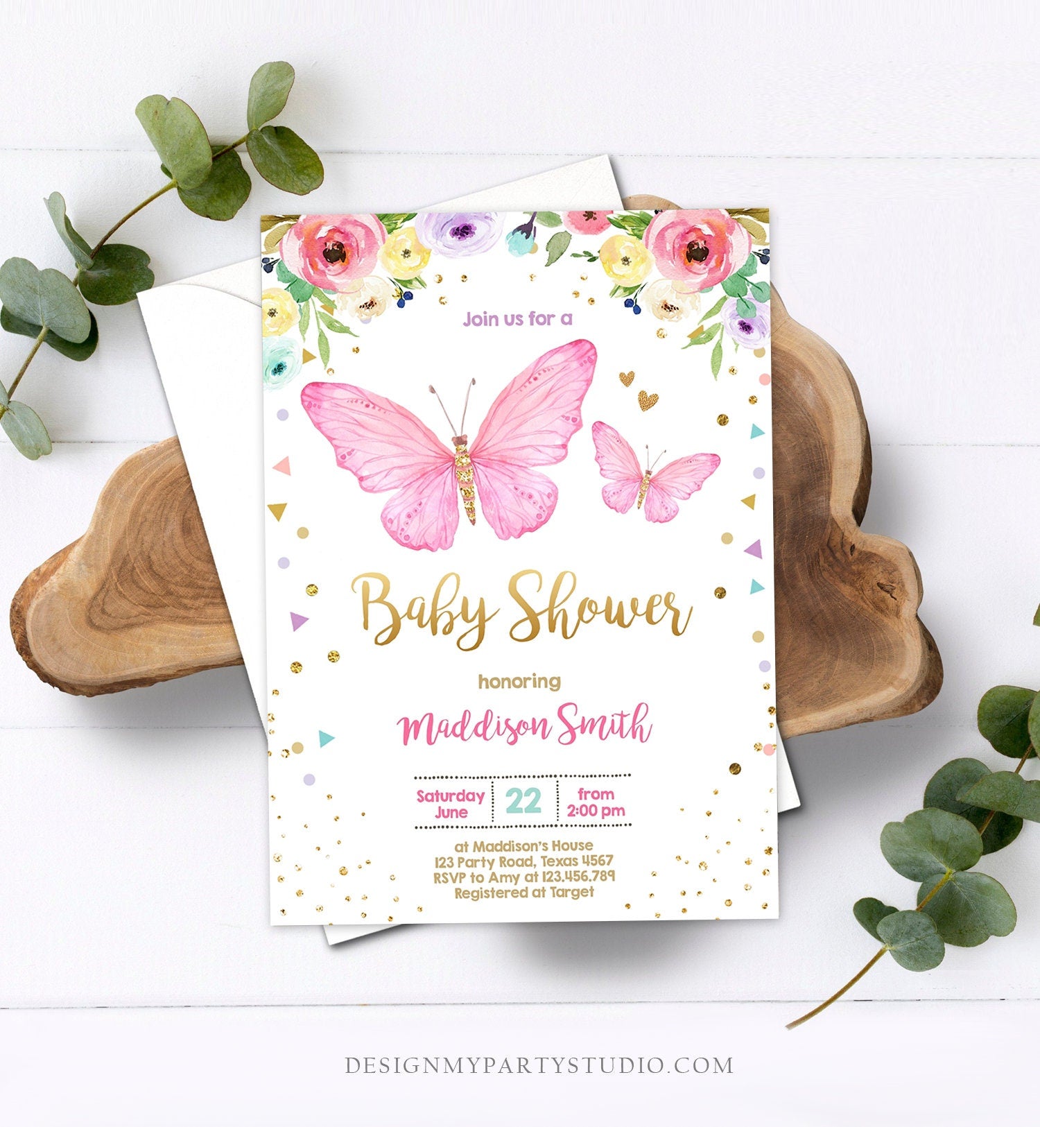 Editable Butterfly Baby Shower Invitation Butterfly Invitation Garden Floral Flowers Pink Gold Girl Download Printable Template Evite 0162