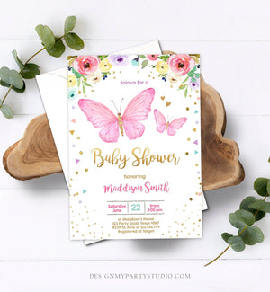 Editable Butterfly Baby Shower Invitation Butterfly Invitation Garden Floral Flowers Pink Gold Girl Download Printable Template Corjl 0162