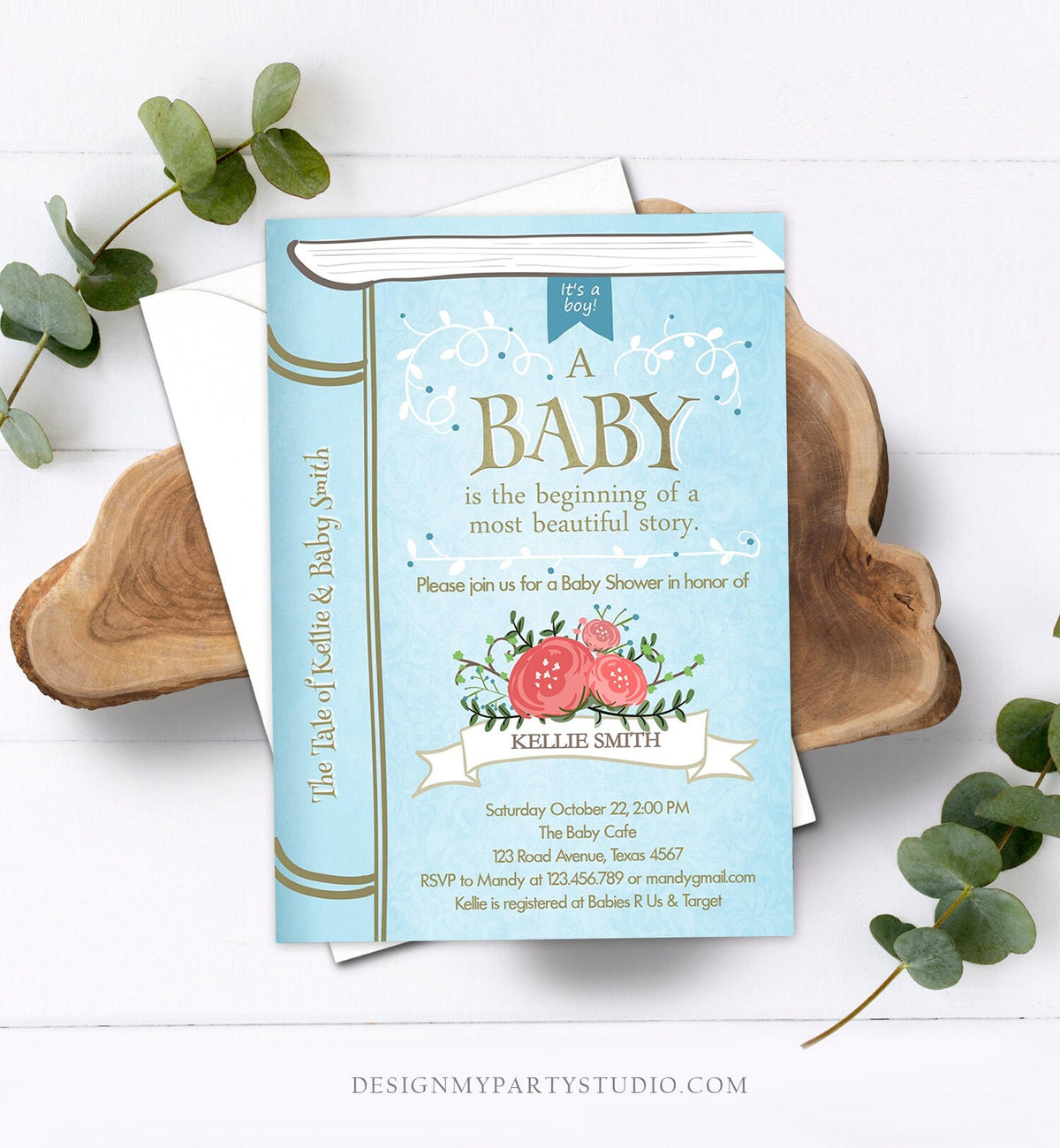 Editable Vintage Storybook Baby Shower Invitation Blue and Gold Once Upon a Time Boy Book Baby Shower Corjl Template Instant Download 0023