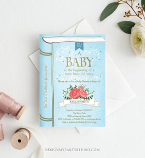 Editable Vintage Storybook Baby Shower Invitation Blue and Gold Once Upon a Time Boy Book Baby Shower Corjl Template Instant Download 0023