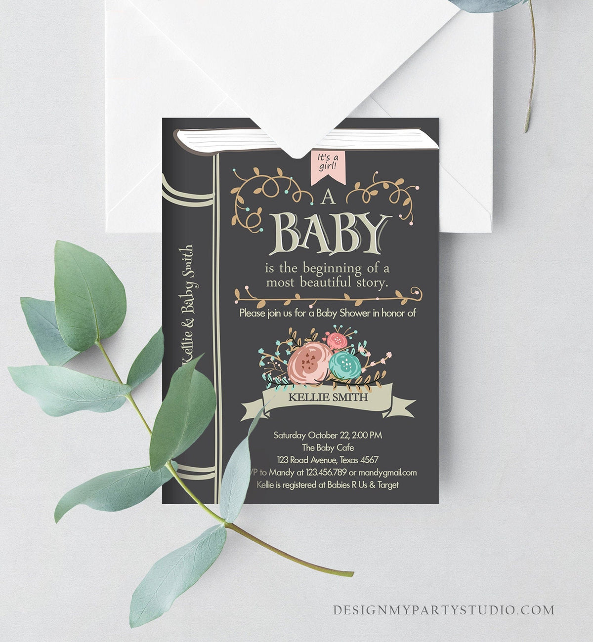Editable Vintage Storybook Baby Shower Invitation Pink Girl Once Upon a Time Invitation Book Baby Shower Template Download Corjl 0023