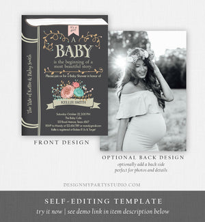 Editable Vintage Storybook Baby Shower Invitation Pink Girl Once Upon a Time Invitation Book Baby Shower Template Download Corjl 0023