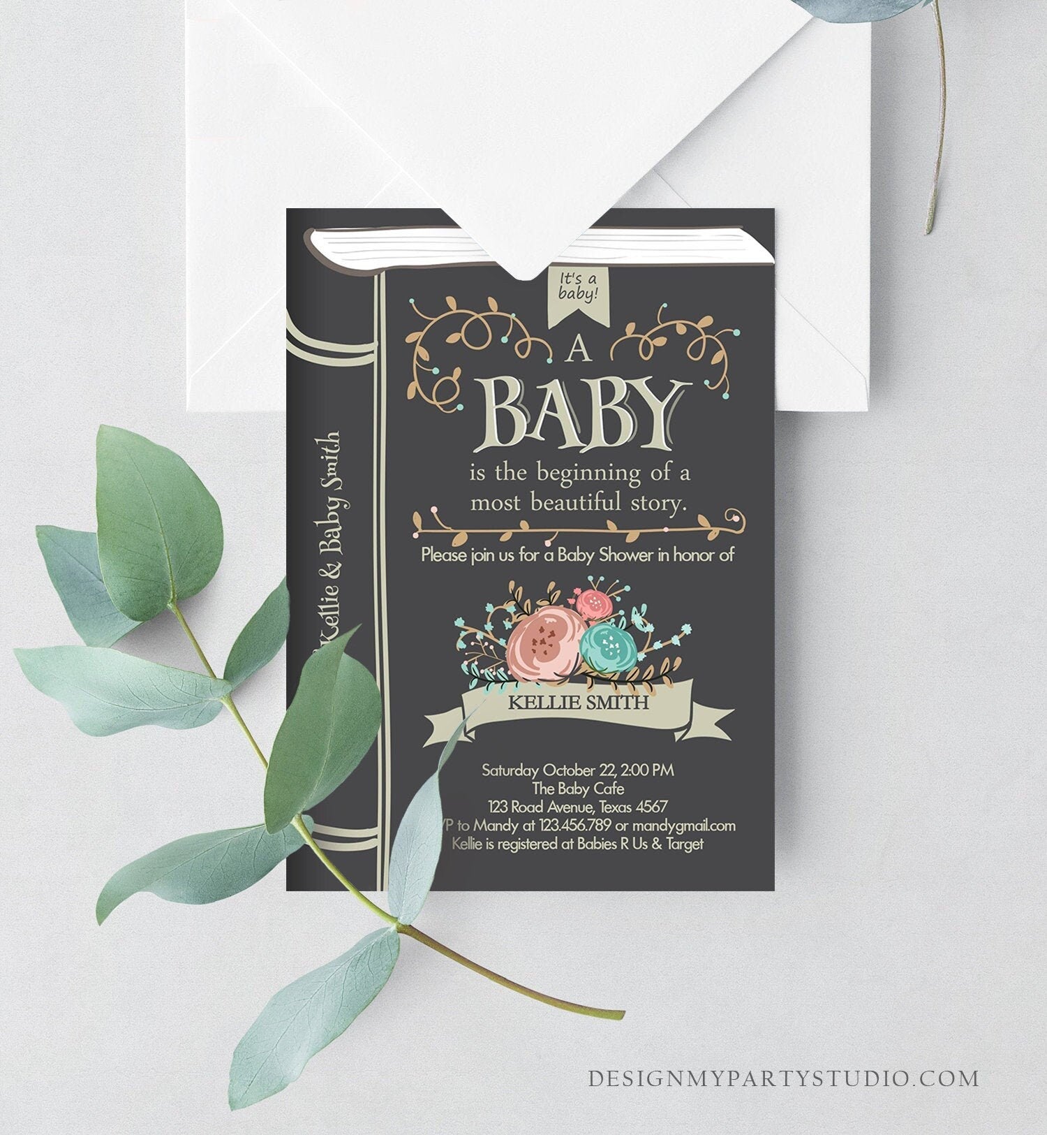 Editable Vintage Storybook Baby Shower Invitation Gender Neutral Once Upon a Time Invitation Book baby Shower Template Download Corjl 0023