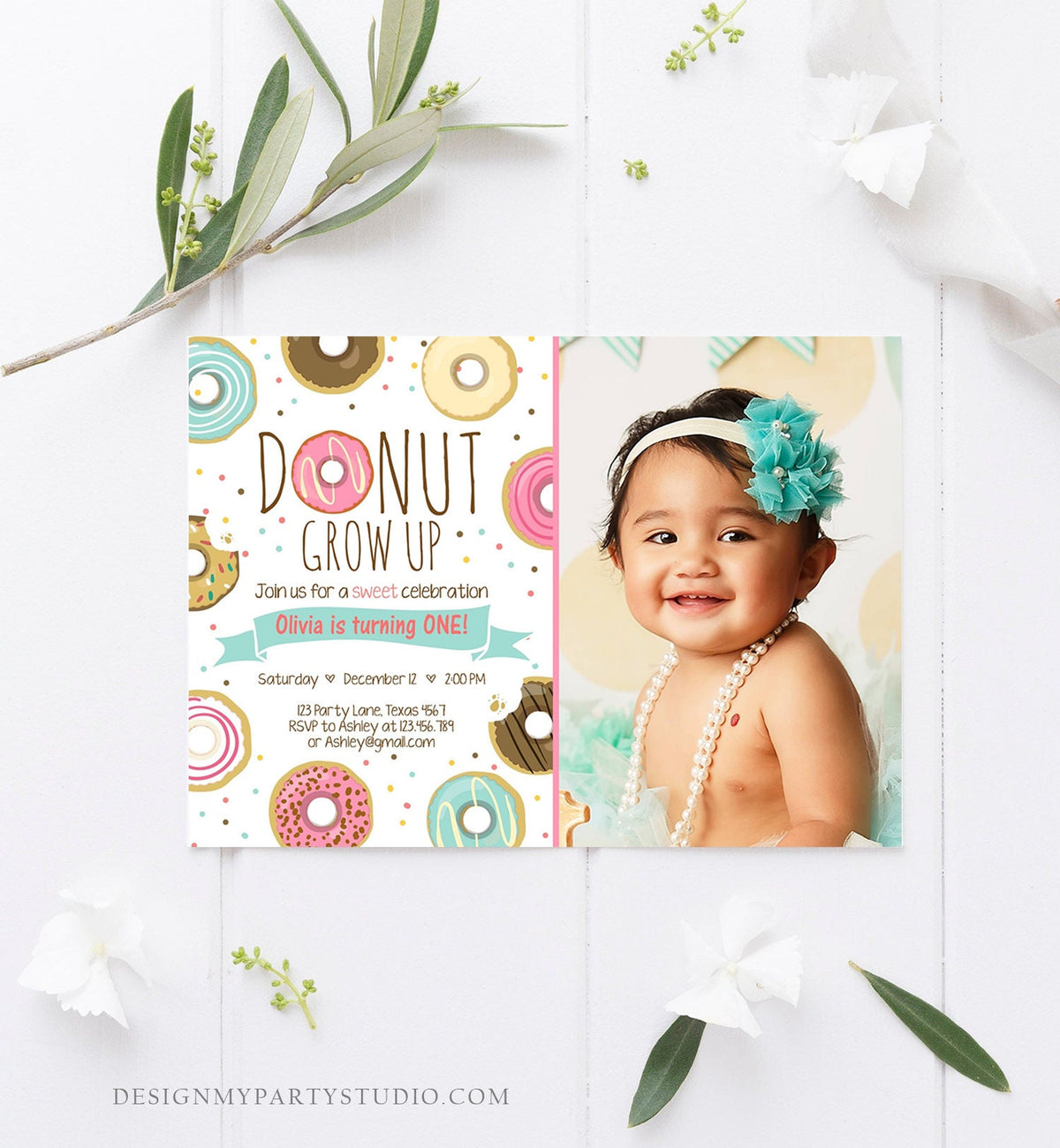 Editable Donut Grow Up Birthday Invitation First Birthday Party Pink Girl Two Sweet One Digital Download Printable Template Evite 0050