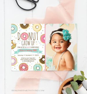 Editable Donut Grow Up Birthday Invitation First Birthday Party Pink Girl Doughnut Sweet Digital Download Printable Template Corjl 0050