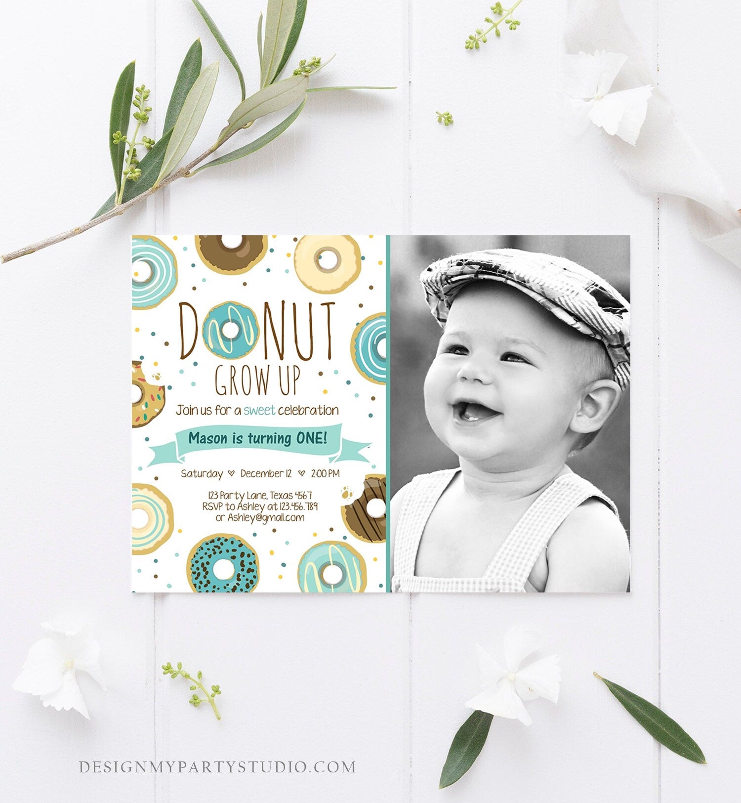 Editable Donut Grow Up Birthday Invitation First Birthday Party Blue Boy Doughnut 1st Pastel Photo Download Printable Template Corjl 0050