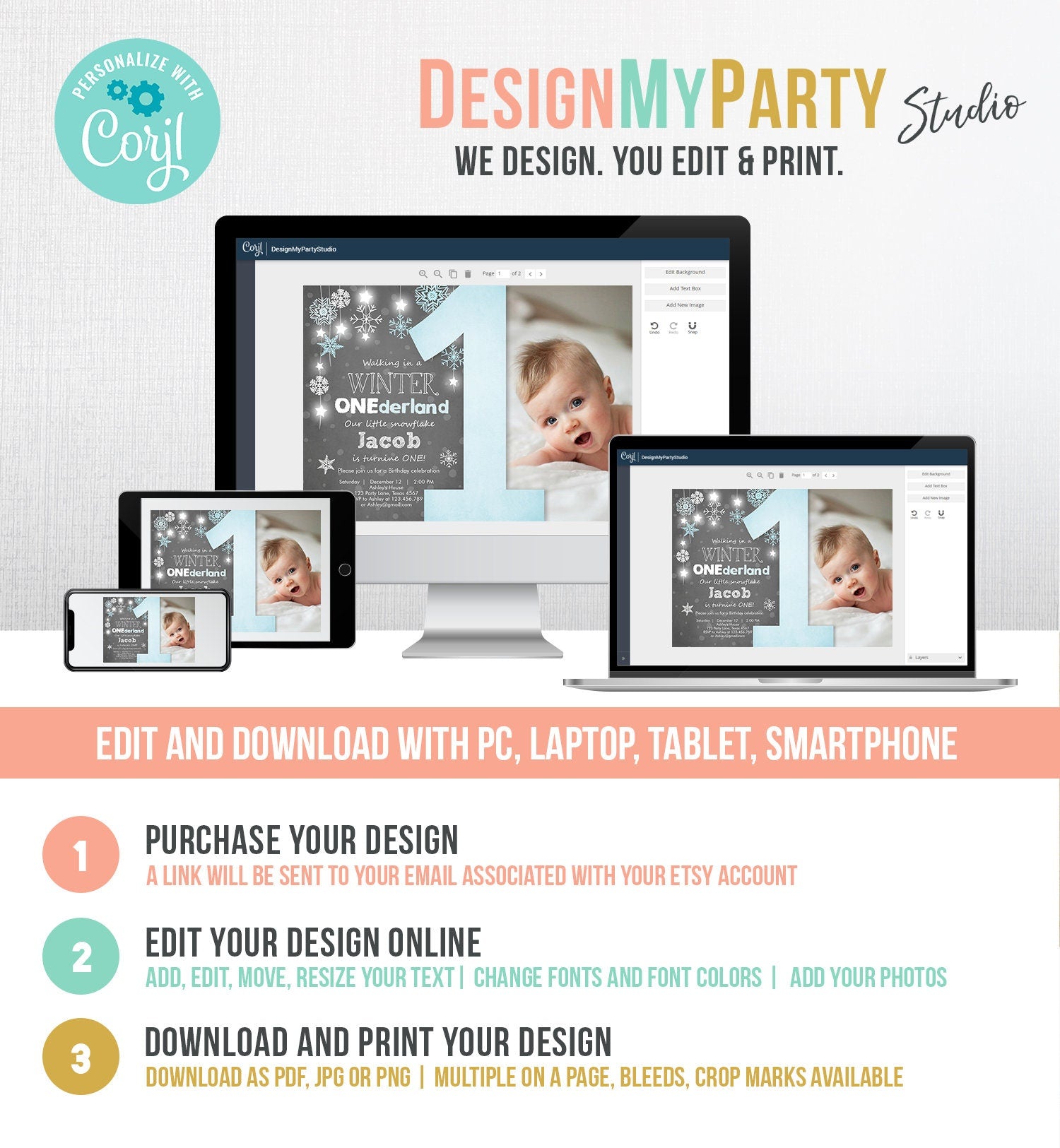 Editable Winter ONEderland Birthday Invitation Blue Boy First Birthday Snowflake Download Digital Download Evite Template Printable 0057