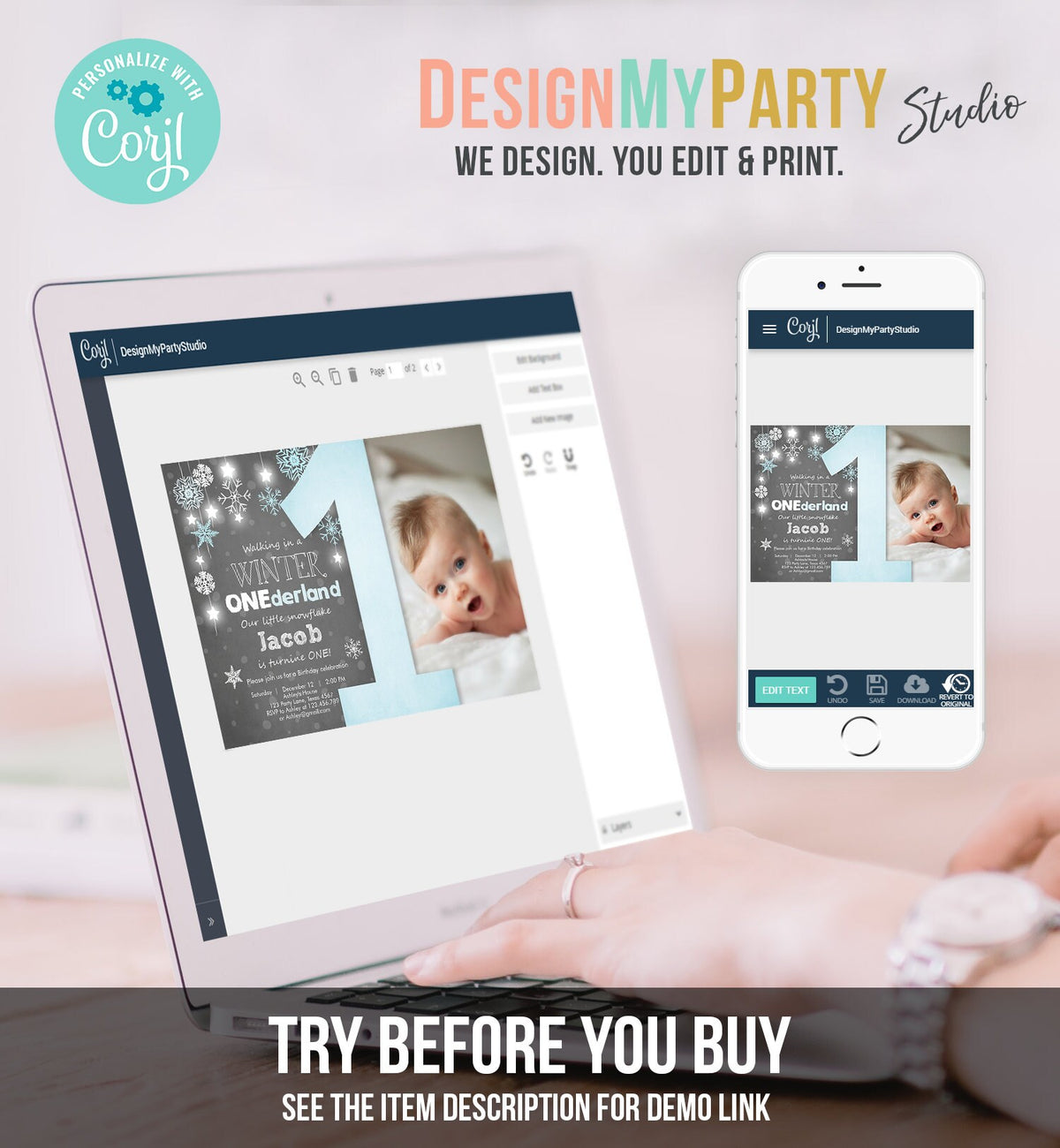 Editable Winter ONEderland Birthday Invitation Blue Boy First Birthday Snowflake Download Digital Download Evite Template Printable 0057