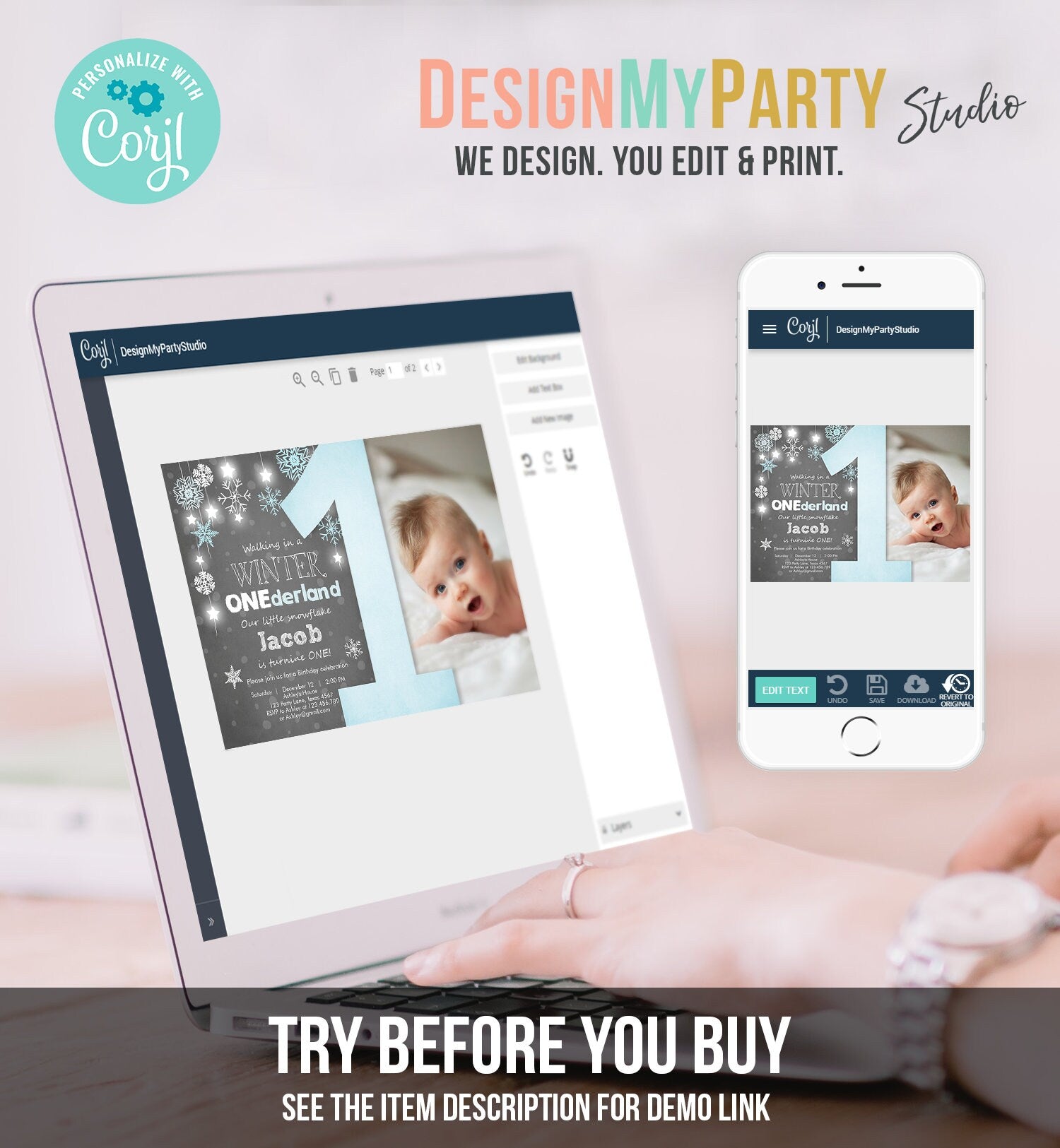 Editable Winter ONEderland Birthday Invitation Blue Boy First Birthday Snowflake Download Digital Download Evite Template Printable 0057