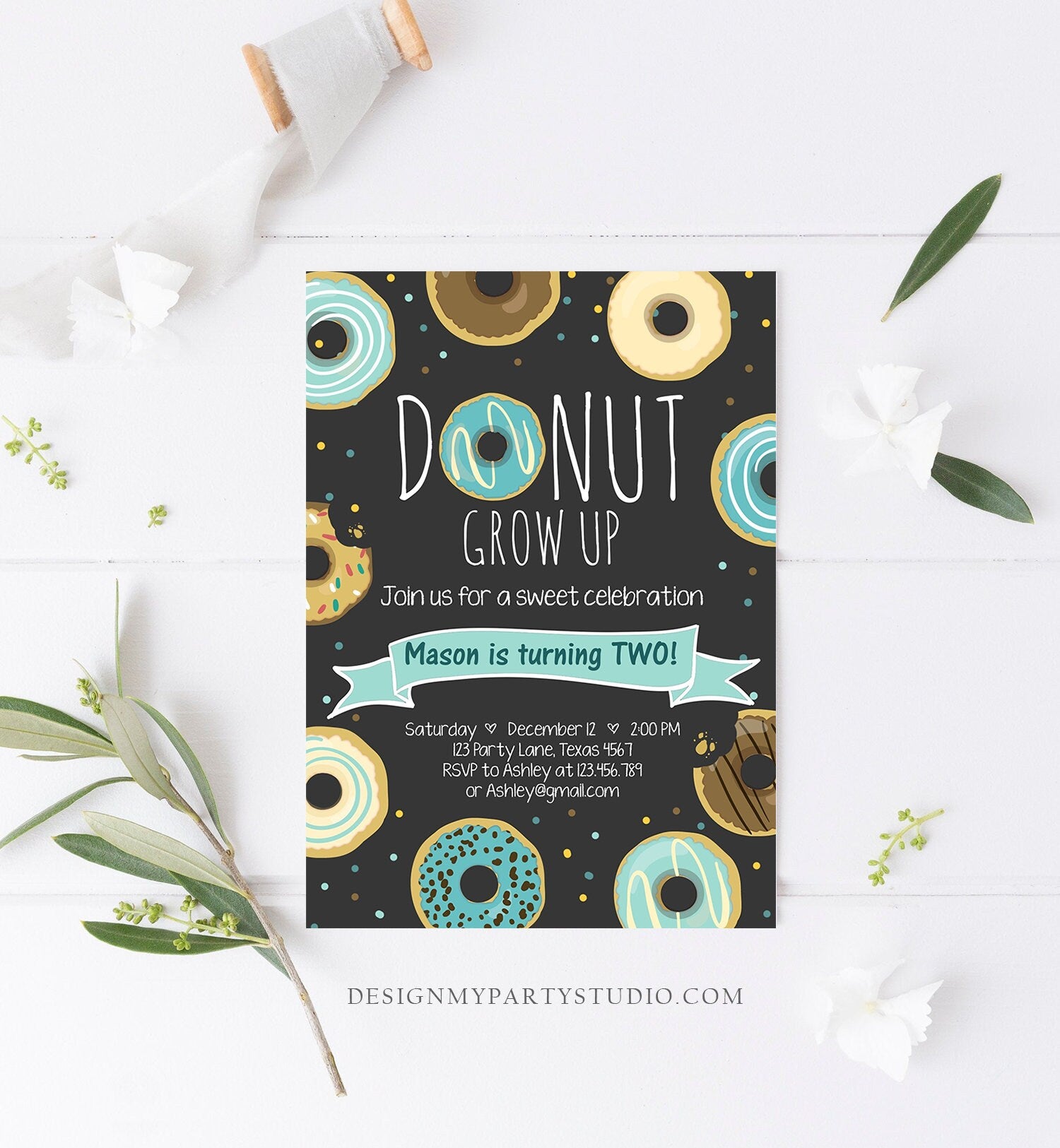 Editable Donut Grow Up Birthday Invitation First Birthday Party Blue Boy Doughnut 1st Pastel Chalk Download Printable Template Corjl 0050