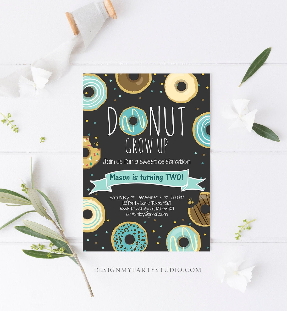 Editable Donut Grow Up Birthday Invitation First Birthday Party Blue Boy Doughnut 1st Pastel Chalk Download Printable Template Evite 0050
