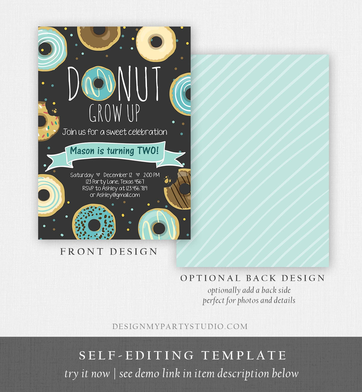 Editable Donut Grow Up Birthday Invitation First Birthday Party Blue Boy Doughnut 1st Pastel Chalk Download Printable Template Evite 0050