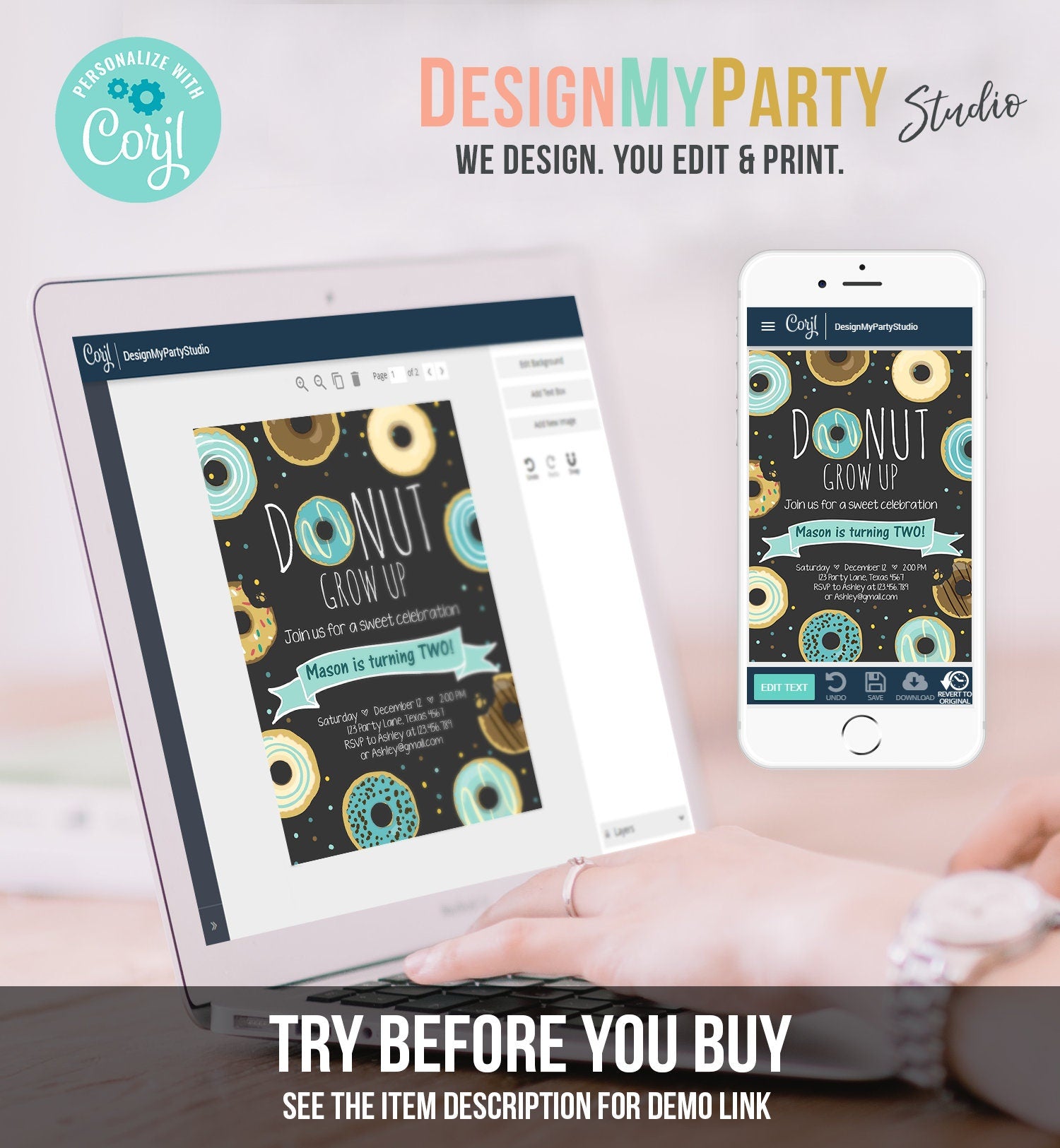 Editable Donut Grow Up Birthday Invitation First Birthday Party Blue Boy Doughnut 1st Pastel Chalk Download Printable Template Evite 0050