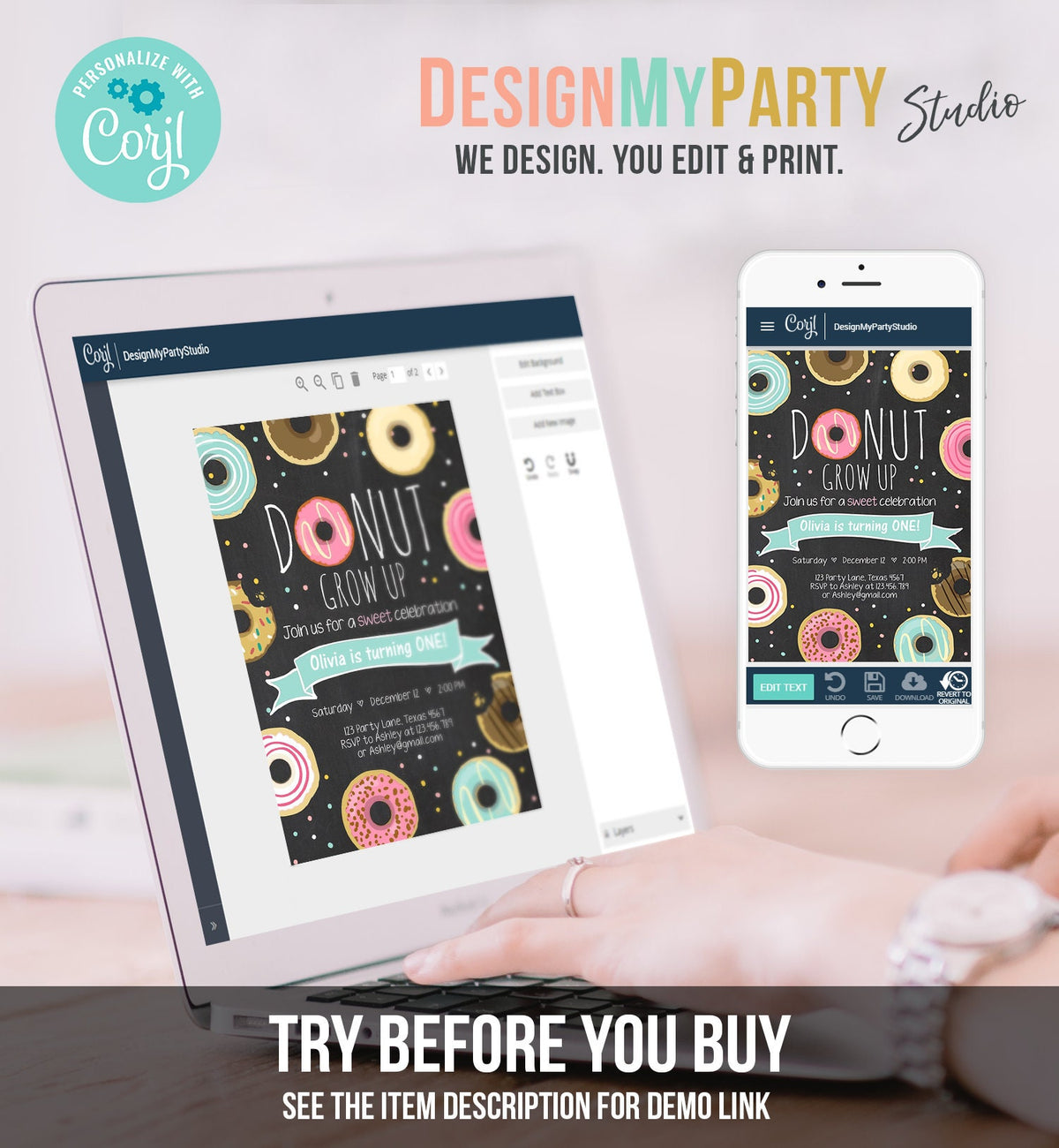 Editable Donut Grow Up Birthday Invitation First Birthday Party Pink Girl Doughnut Chalk Digital Download Printable Template Corjl 0050