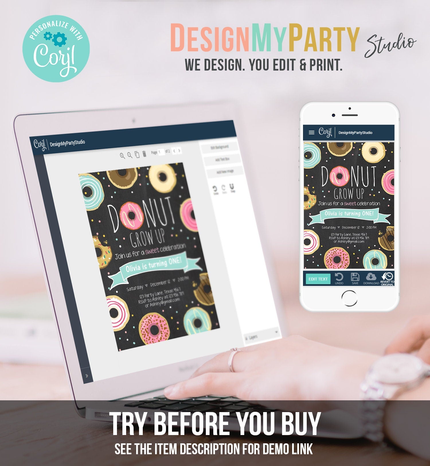 Editable Donut Grow Up Birthday Invitation First Birthday Party Pink Girl Doughnut Chalk Digital Download Printable Template Corjl 0050
