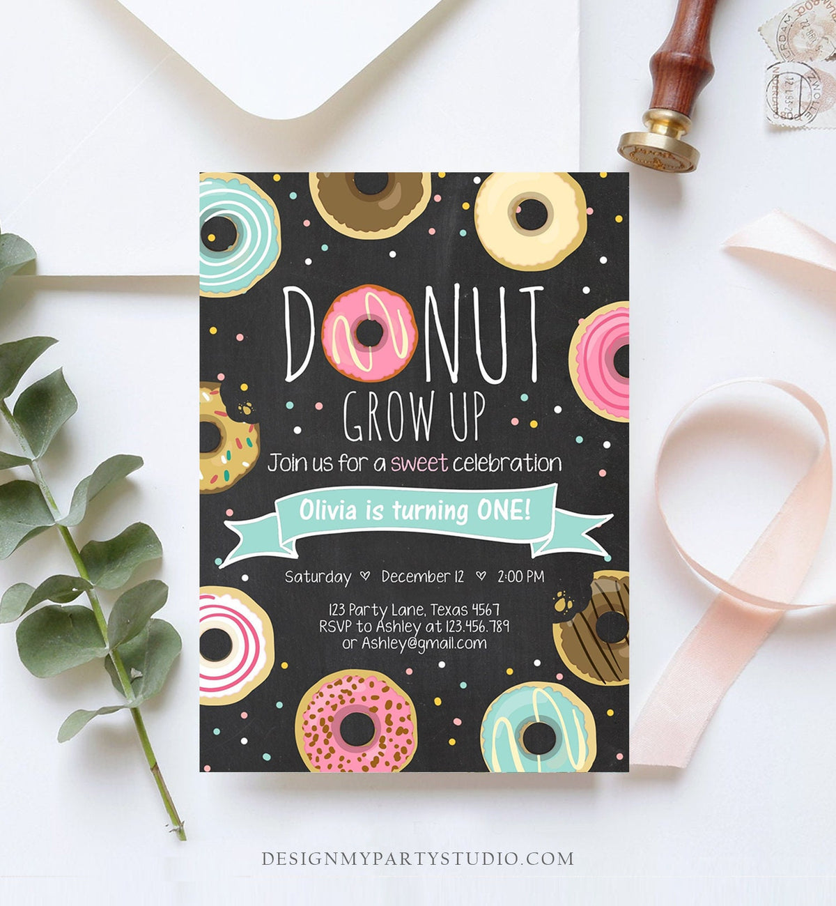Editable Donut Grow Up Birthday Invitation First Birthday Party Pink Girl Doughnut Chalk Digital Download Printable Template Corjl 0050