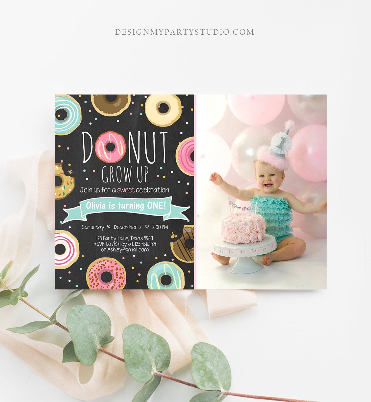 Editable Donut Grow Up Birthday Invitation First Birthday Party Pink Girl Doughnut Chalk Digital Download Printable Template Corjl 0050