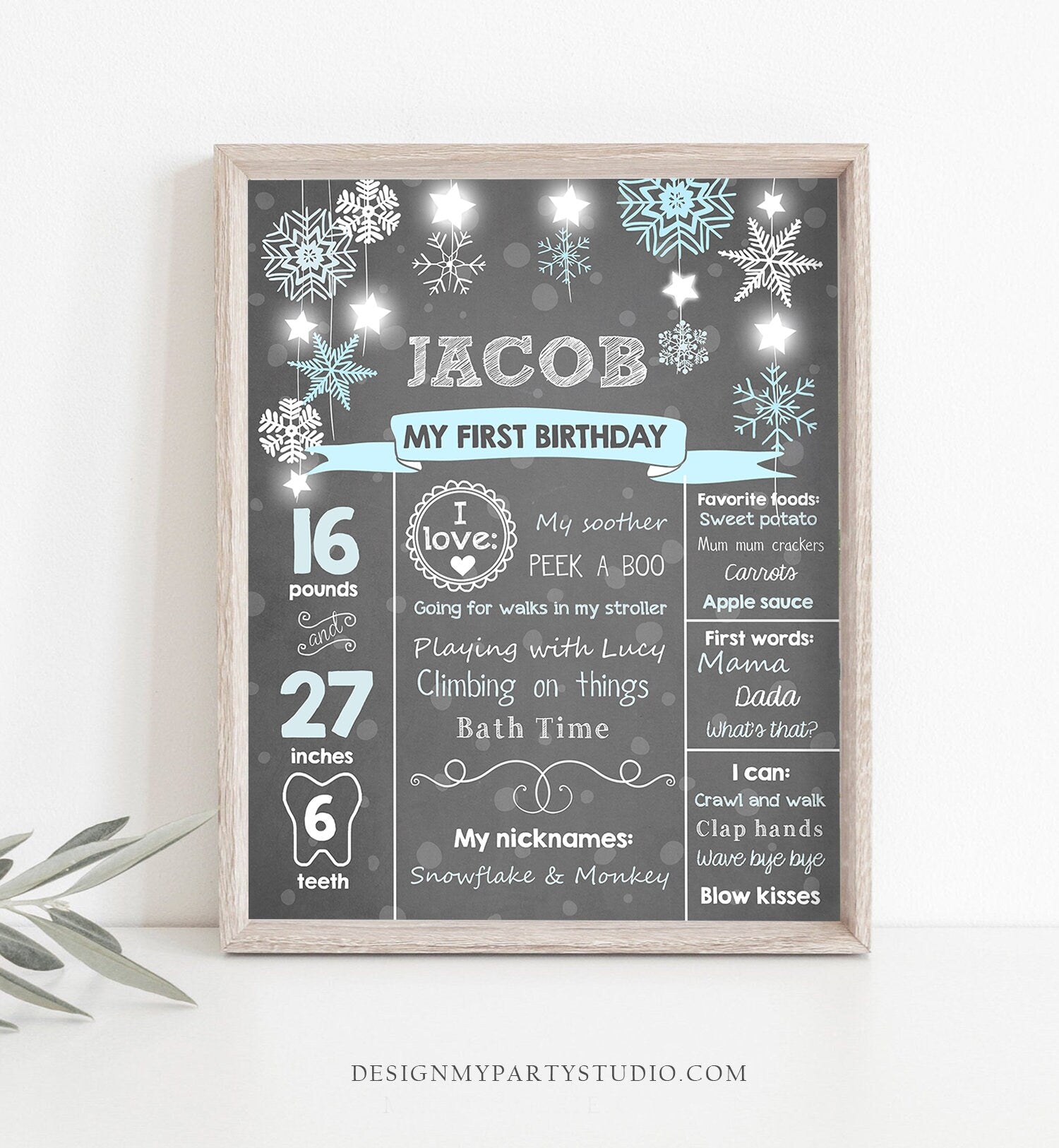Editable Winter Onederland Birthday Milestones Sign First Birthday 1st Snowflakes Boy Blue Teal Cold Outside Corjl Template Printable 0057