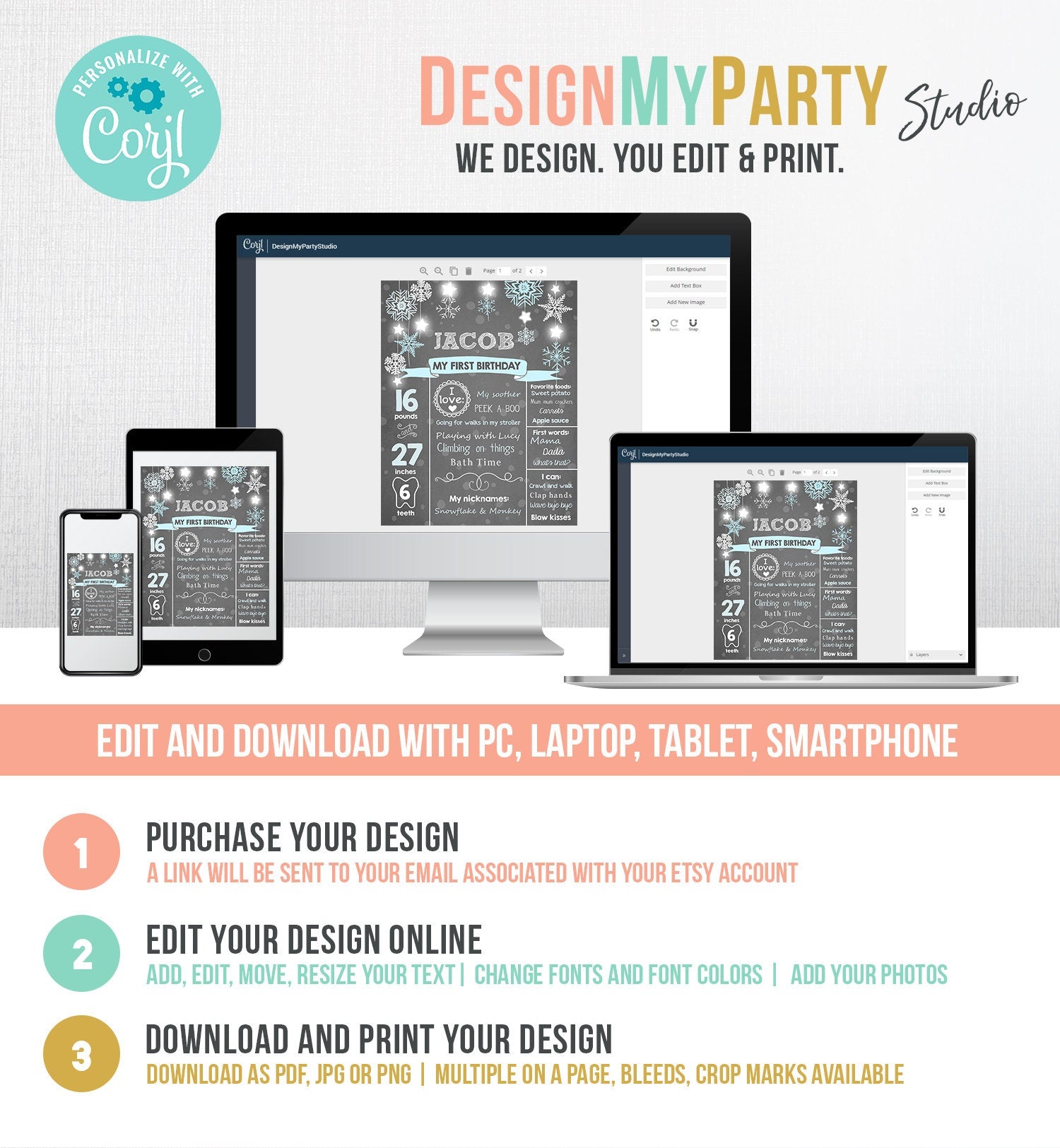 Editable Winter Onederland Birthday Milestones Sign First Birthday 1st Snowflakes Boy Blue Teal Cold Outside Digital Template Printable 0057