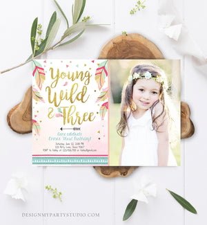 Editable Young Wild and Three Invitation Girl Pink Gold Third Birthday Feathers Tribal Boho Digital Download Printable Corjl Template 0038